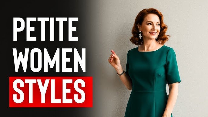 Elegant petite woman in a fitted emerald green dress showcasing stylish fashion for short height