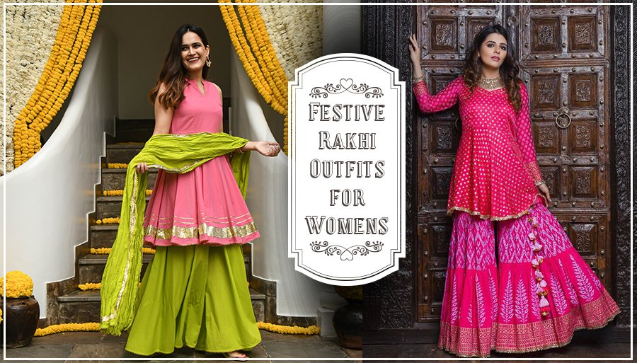 "Women in vibrant festive outfits for Rakhi celebration – pink kurta with lime sharara and magenta ethnic set"