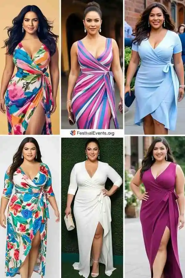 "Stylish wrap dresses for curvy women in floral, solid, and striped designs with flattering fits"