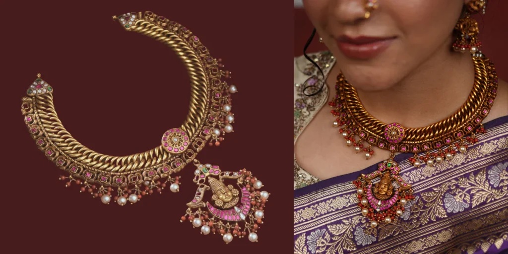 Collage of futuristic and artistic jewellery pieces with pearls, gemstones, crystals, and bold makeup — highlighting 2025 jewellery trends.