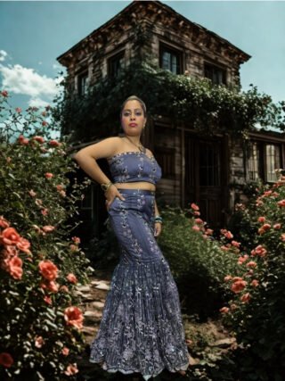 Grey embroidered fish cut lehenga set with strapless crop top – party and wedding wear by mElegant