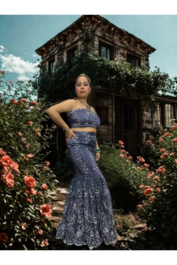 Grey embroidered fish cut lehenga set with strapless crop top – party and wedding wear by mElegant