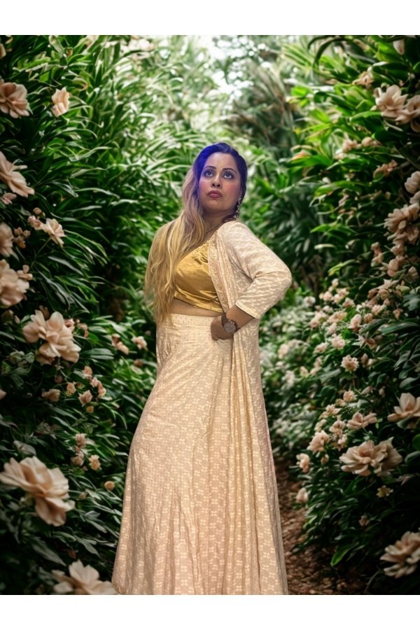 champagne gold co-ord ethnic set with palazzo and long jacket at Melegant by LC studio
