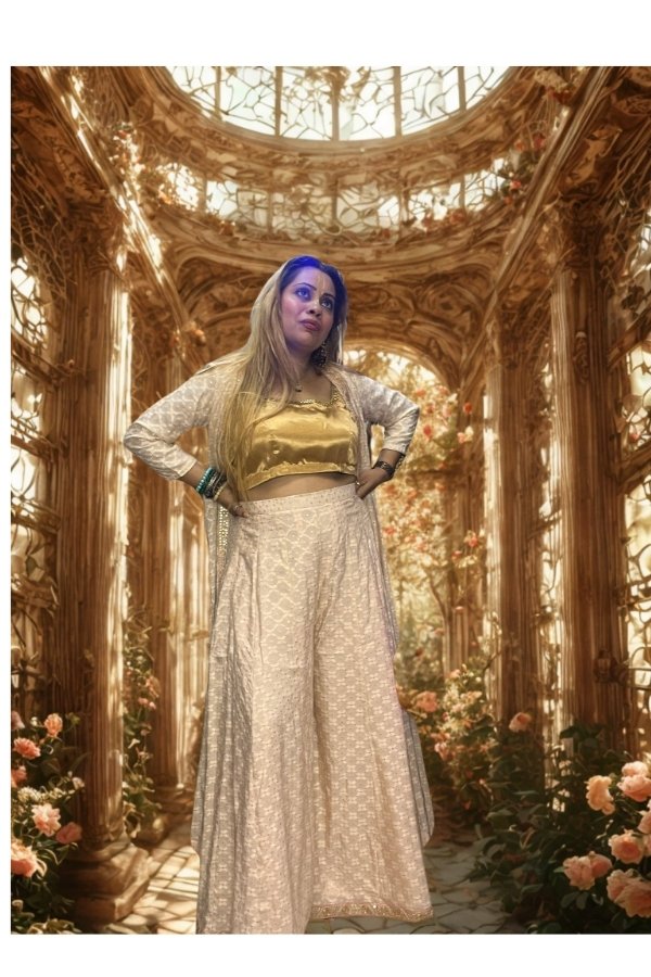 peach flare plazo with golden crop top - Image 4