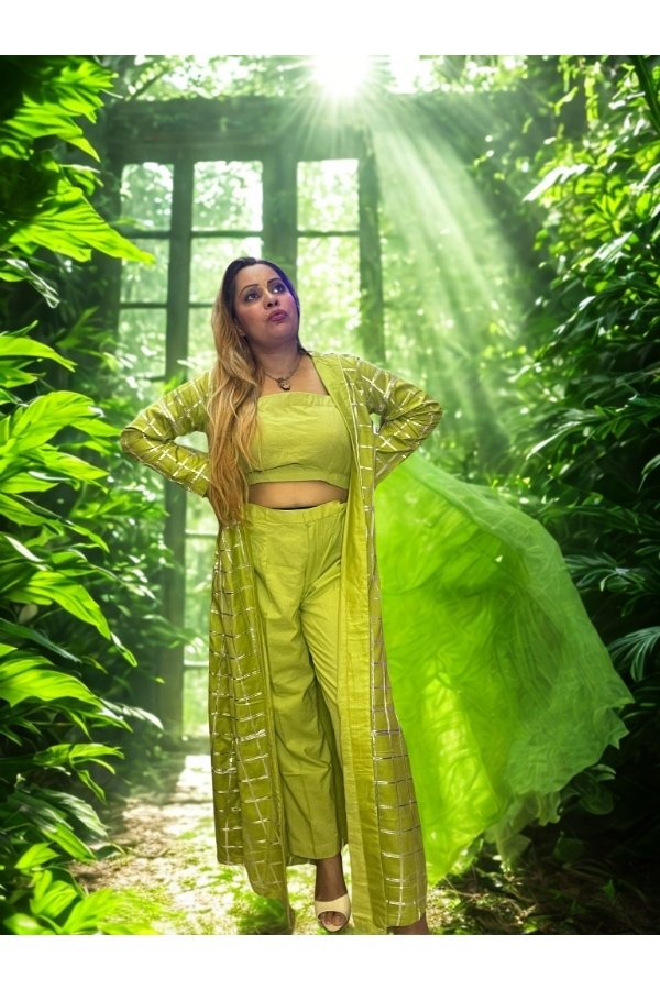 lime green co-ord set with crop top, straight pants, and mirror-work jacket inside Melegant by LC studio