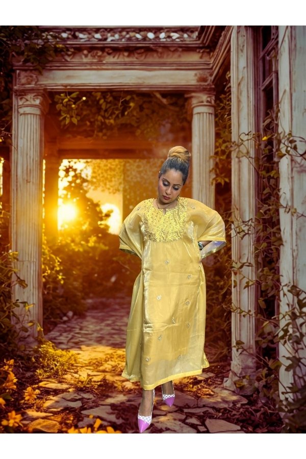 Yellow embroidered kaftan suit with dupatta for women – festive and wedding wear by MElegant