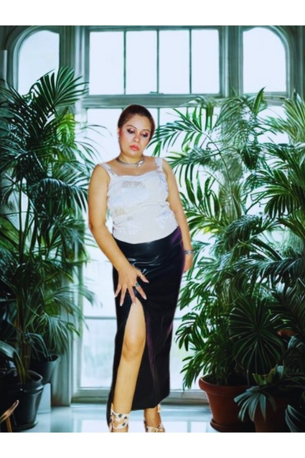 Woman wearing a beige floral embroidered corset top paired with a high-slit black leather skirt – modern Indo-western party outfit from Melegant by LC.