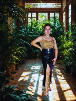 Woman wearing a golden satin spaghetti strap top paired with a black leather slit skirt – chic partywear by Melegant by LC