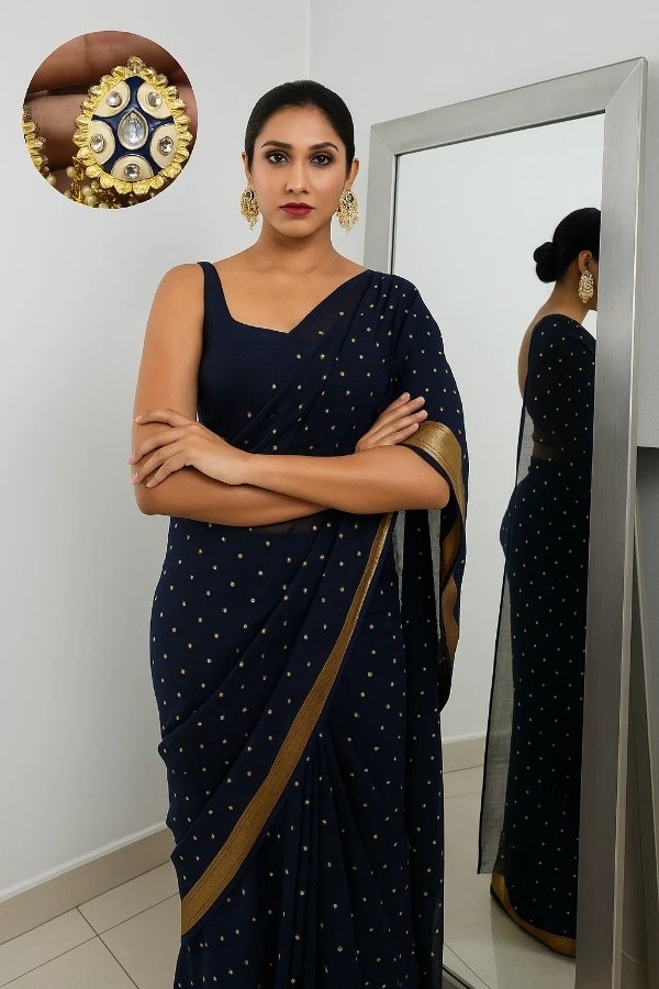 Royal Blue & Gold Kundan Pearl Drop Earrings – Handcrafted Traditional Jhumka - Image 4