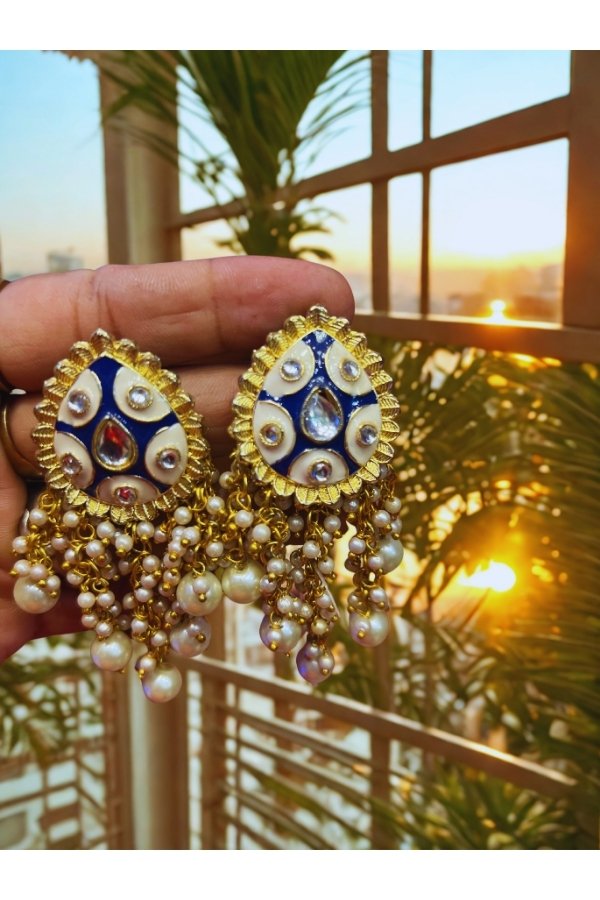 Royal Blue & Gold Kundan Pearl Drop Earrings – Handcrafted Traditional Jhumka - Image 3