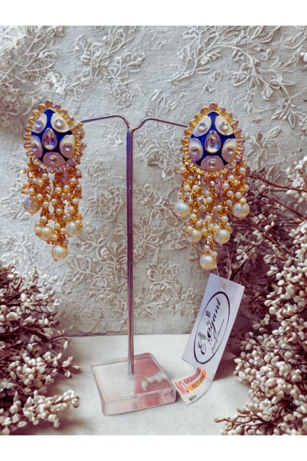 Royal Blue & Gold Kundan Pearl Drop Earrings – Handcrafted Traditional Jhumka - Image 2