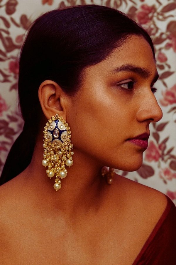 Handcrafted Kundan Pearl Drop Earrings with Royal Blue Enamel and Gold Finish by Melegant by LC