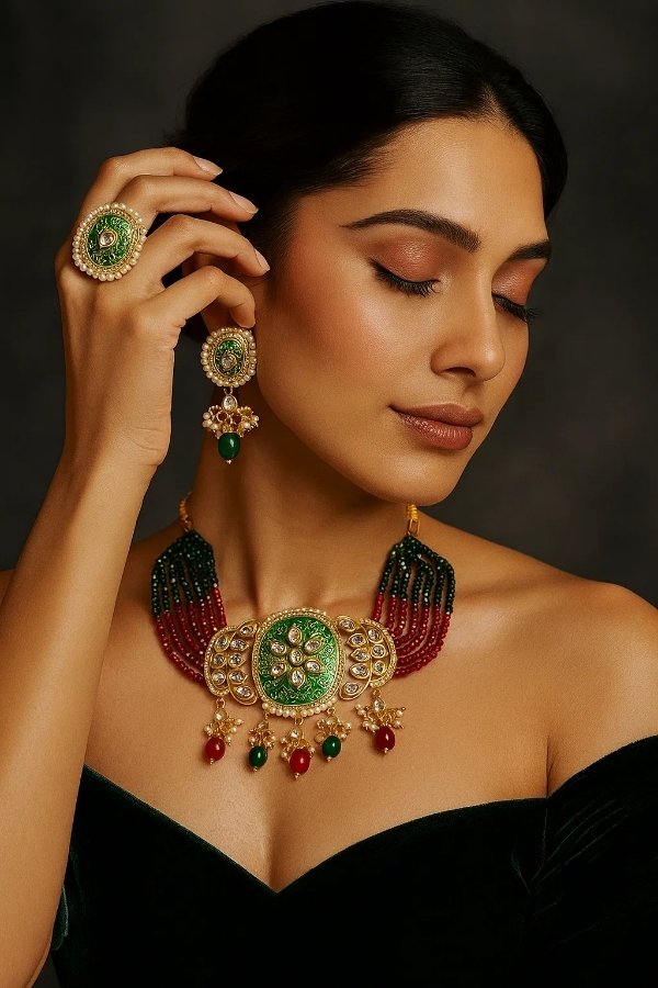 Traditional green meenakari choker necklace with red and green bead strands and matching earrings