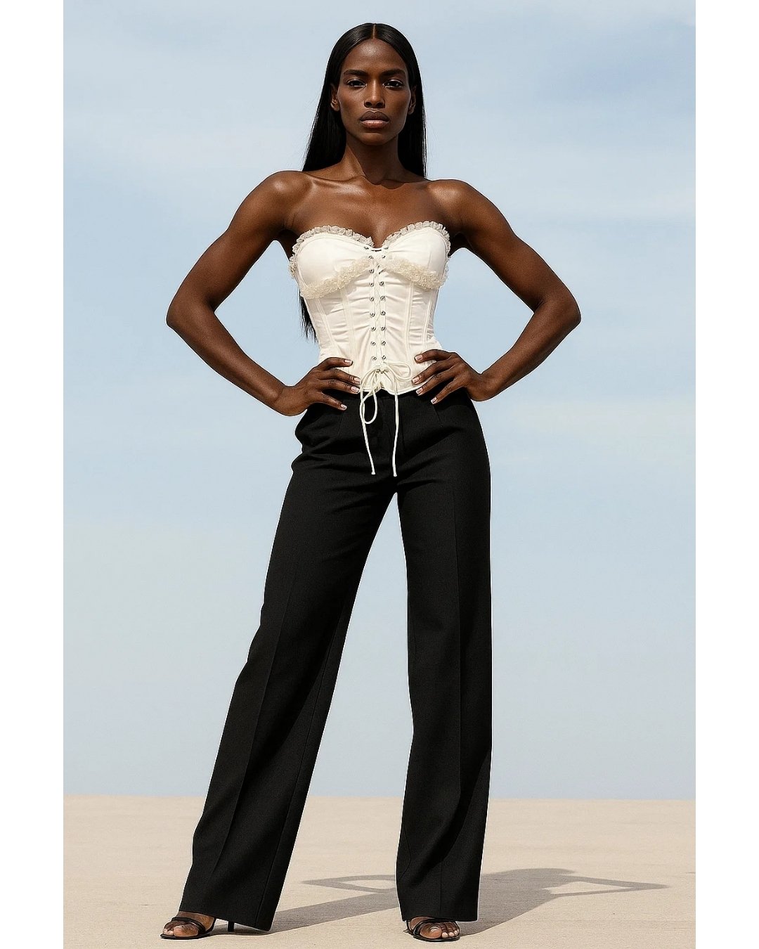 Vintage-Inspired Ivory Satin Corset Top with Ruffle Lace Detailing - Image 4