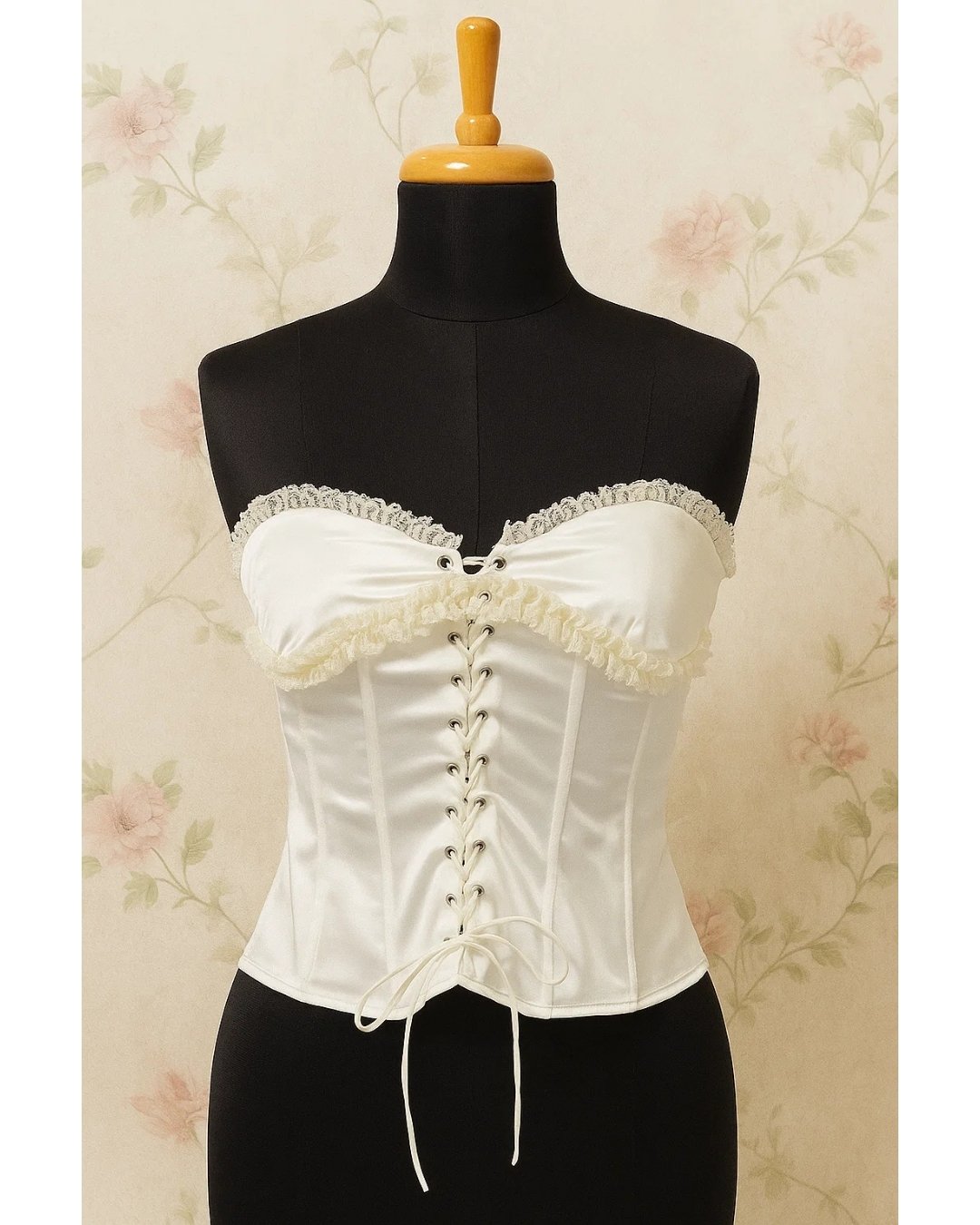 Vintage-Inspired Ivory Satin Corset Top with Ruffle Lace Detailing - Image 2
