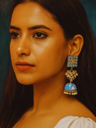 Blue hand-painted floral jhumka earrings with kundan and enamel work
