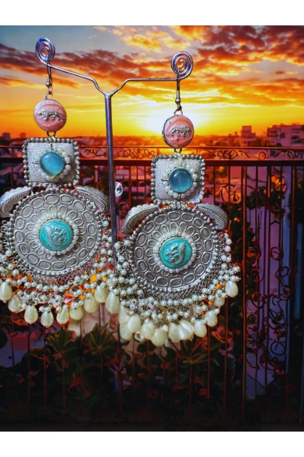 Sabyasachi Inspired Silver Oxidised Brass Statement Earrings with Turquoise & Pearls - Image 4