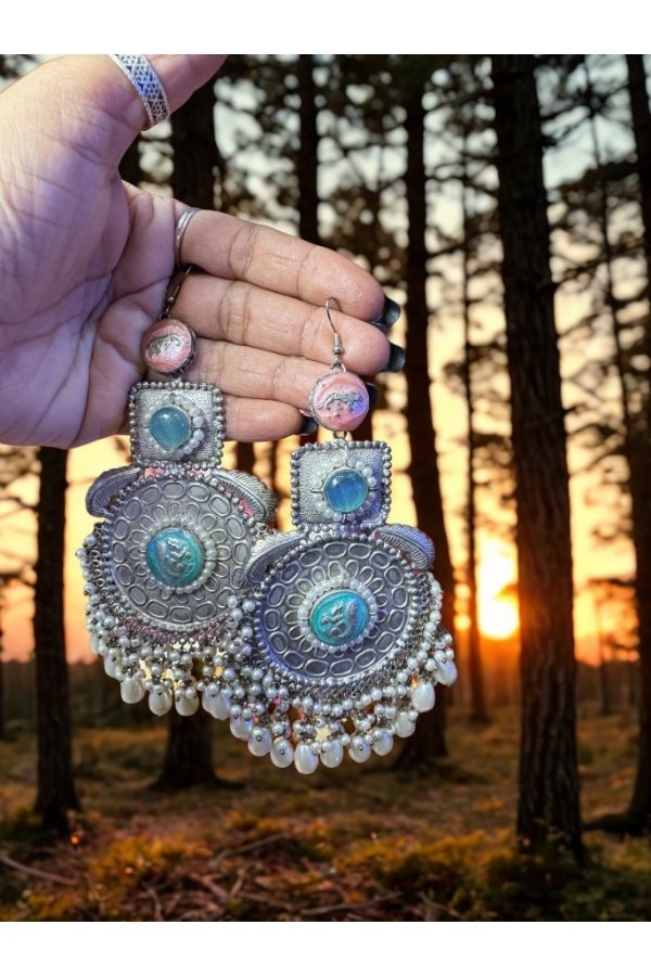 Sabyasachi Inspired Silver Oxidised Brass Statement Earrings with Turquoise & Pearls - Image 3