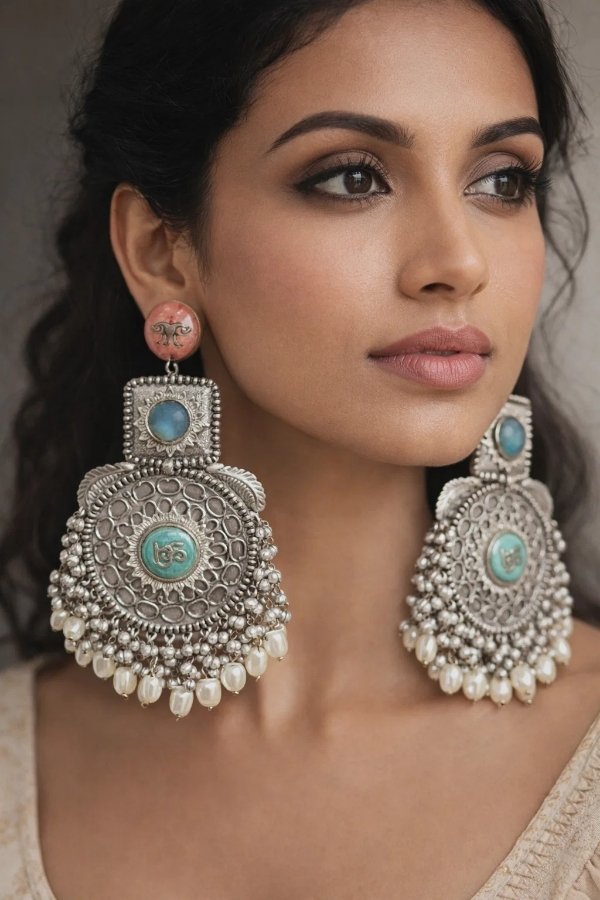Sabyasachi Inspired Silver Oxidised Brass Statement Earrings with Turquoise & Pearls - Image 5