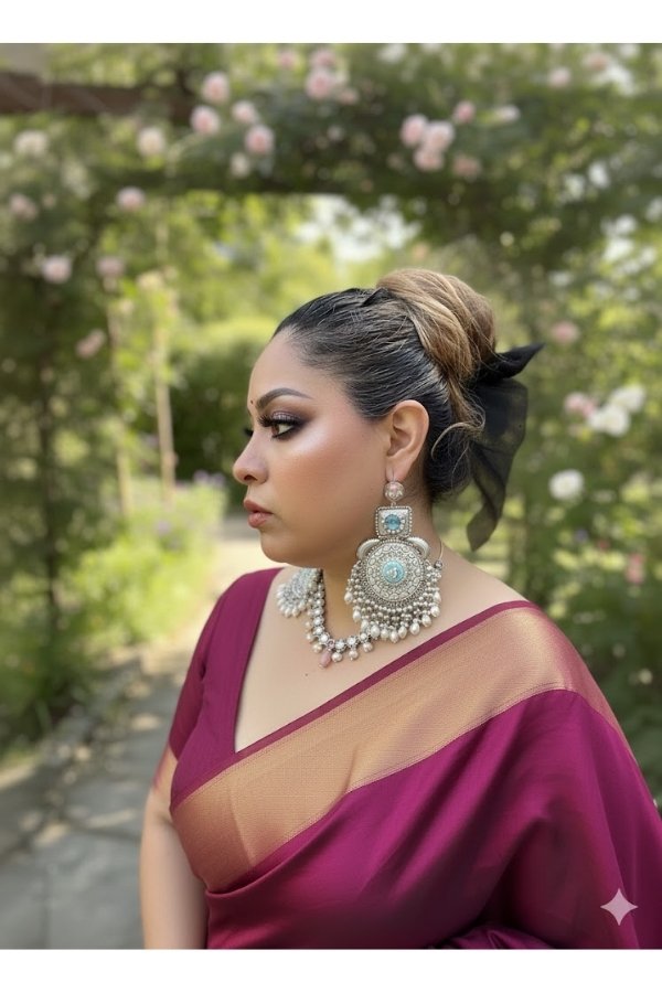 Sabyasachi inspired silver oxidised brass statement earrings with turquoise stone and pearl drops