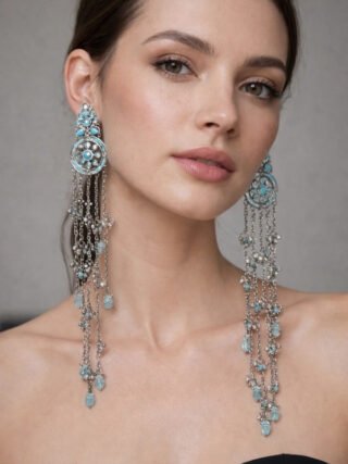 Kashmiri fusion long chain tassel earrings with blue stones in silver finish