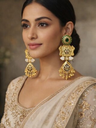 Brass base handcrafted long temple style earrings with emerald green kundan stones and ghungroo bead drops from MElegant