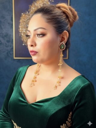 Kashmiri hand enamel long earrings in green and pink with golden tassel chains and jhumki drops from MElegant