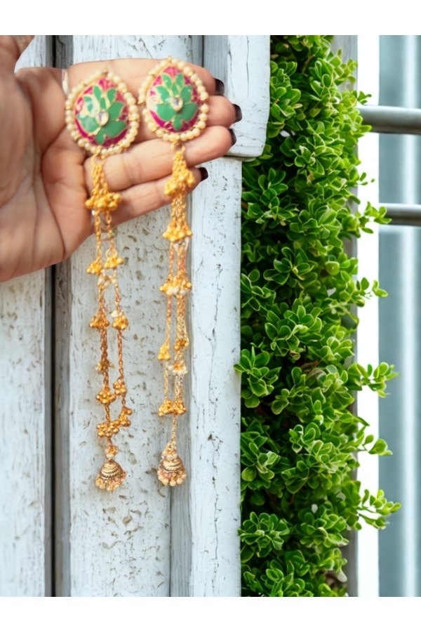 Gulnaar Kashmiri Hand-Enamel Long Jhumka Tassel Earrings (Green & Pink) - Image 3