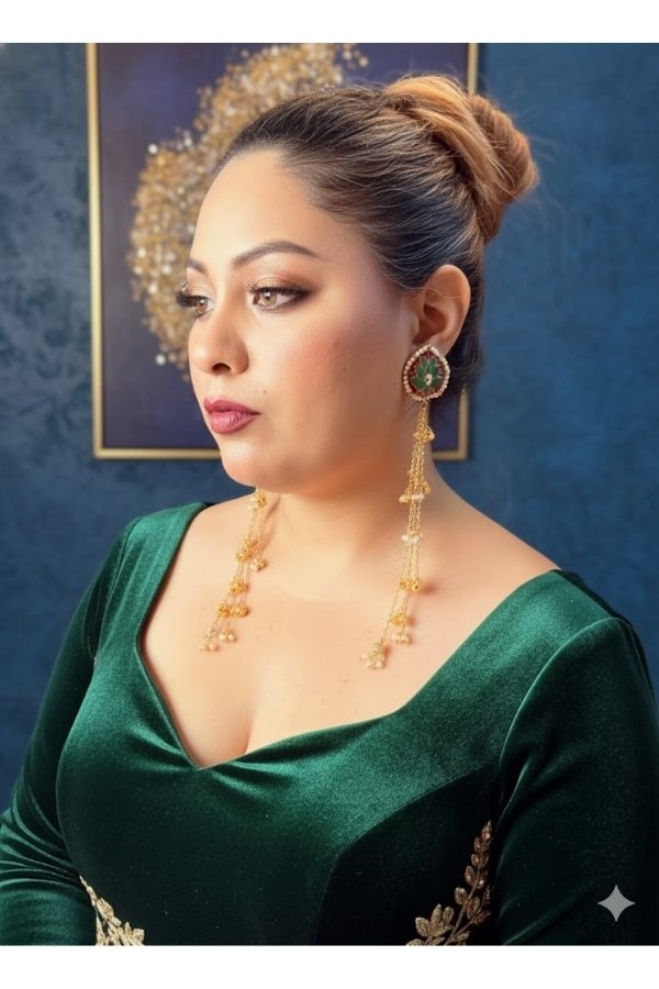 Kashmiri hand enamel long earrings in green and pink with golden tassel chains and jhumki drops from MElegant