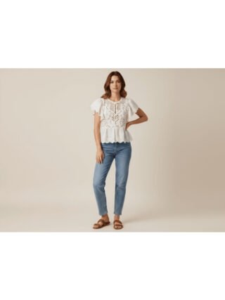 White crochet lace summer top with flutter sleeves and boho chic detailing for women by Melegant