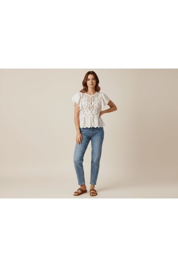 White crochet lace summer top with flutter sleeves and boho chic detailing for women by Melegant
