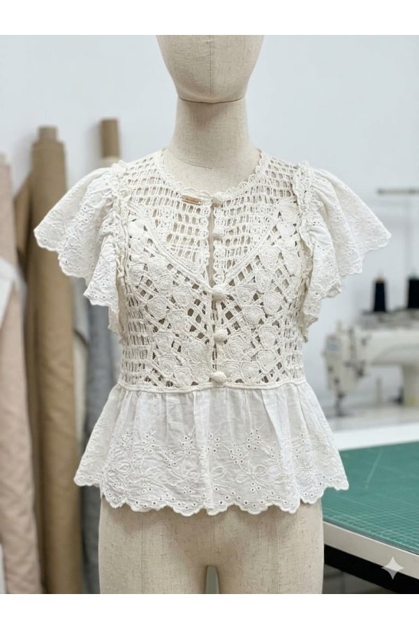 White Boho Crochet Lace Summer Top for Women | Vintage Chic Cotton Top by Melegant - Image 3
