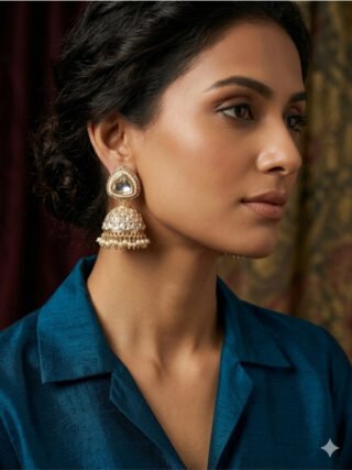 Woman wearing luxury kundan copper base jhumka earrings with pearl detailing and traditional ethnic design by melegant