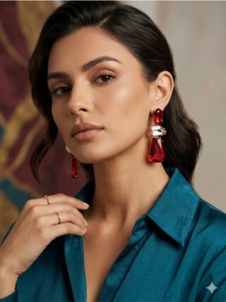 Woman wearing luxury red glass western statement drop earrings with elegant modern fashion styling by melegant