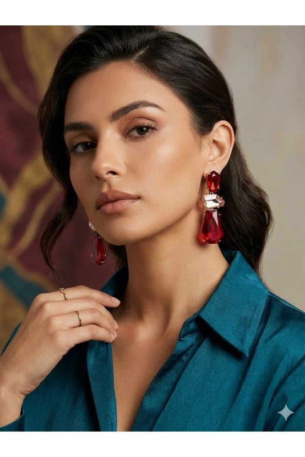Woman wearing luxury red glass western statement drop earrings with elegant modern fashion styling by melegant