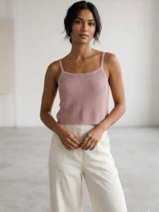 A woman wearing a dusty rose pink ribbed knit camisole with a square neckline and spaghetti straps, paired with white linen trousers.