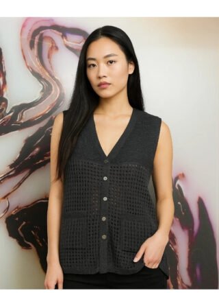 Front view of a charcoal grey crochet v-neck vest with six buttons and two front pockets displayed on a cream-colored dress form.