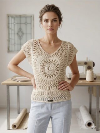Handcrafted beige crochet summer top with boho knit detailing and V-neck design for women by Melegant