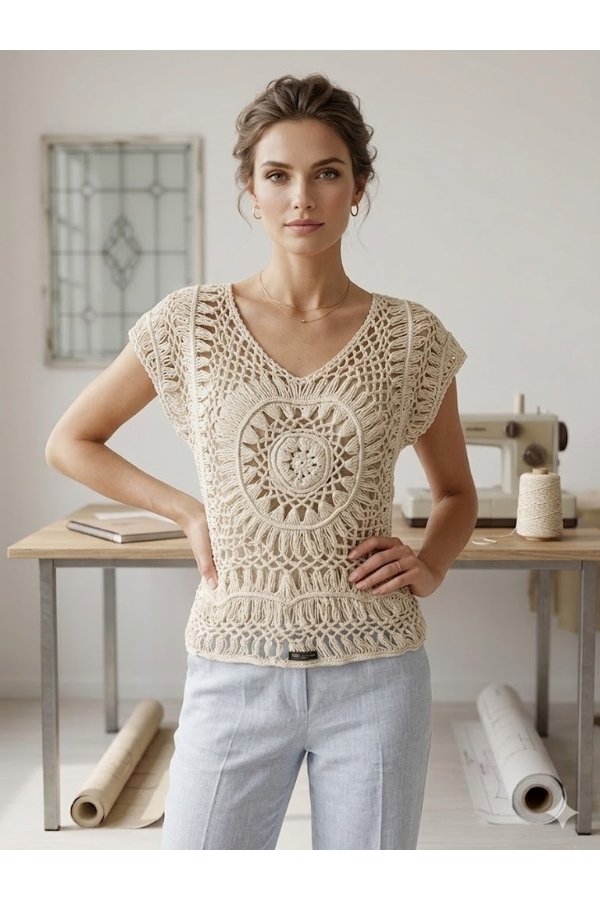 Handcrafted beige crochet summer top with boho knit detailing and V-neck design for women by Melegant