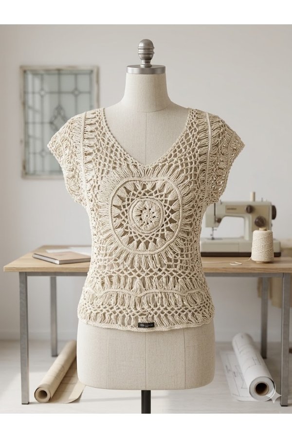 Beige Handcrafted Crochet Summer Top for Women | Boho Chic Knit Top by Melegant - Image 2