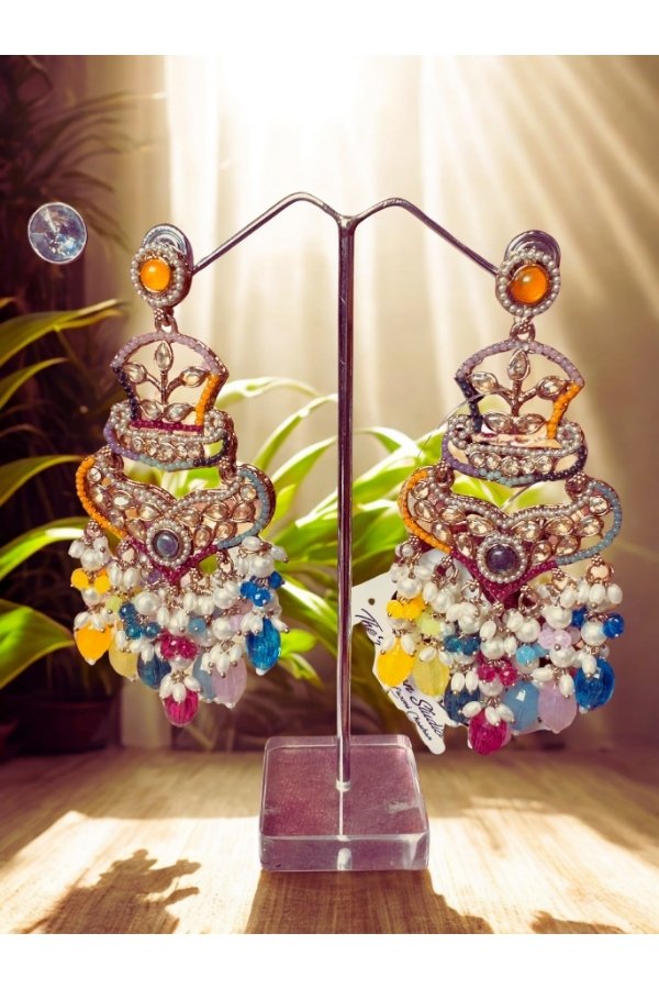 Navratna Inspired Multi-Color Pastel Jhumka Chandelier Earrings with Kundan and Mixed Gemstone Drops | Melegant by LC - Image 2