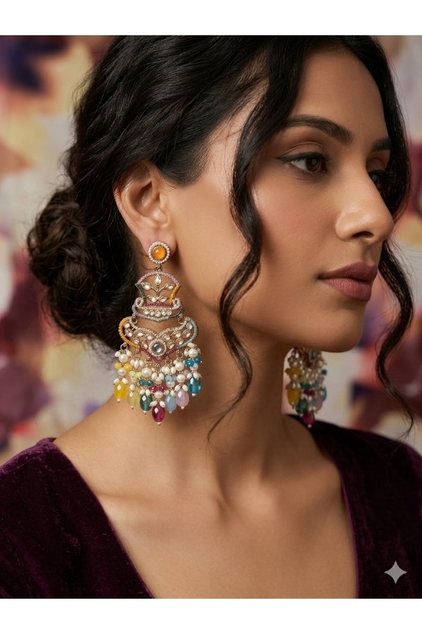 Model showcasing Melegant by LC multi-color pastel chandelier earrings featuring Kundan stones, seed pearls, and vibrant dangling gemstone drops against a dark purple velvet outfit