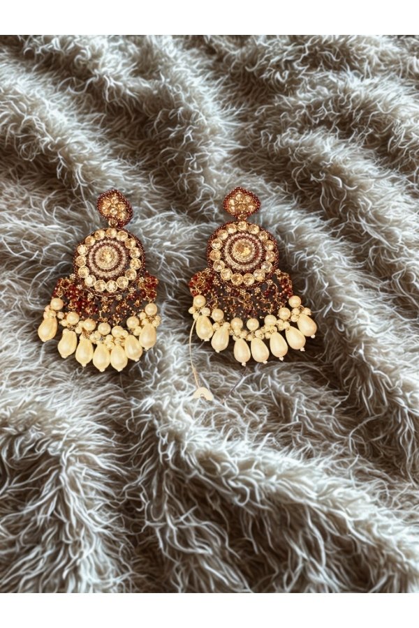 Noor Maroon and Gold Kundan Chandbali Earrings with Pearl Drops | Melegant by LC - Image 3