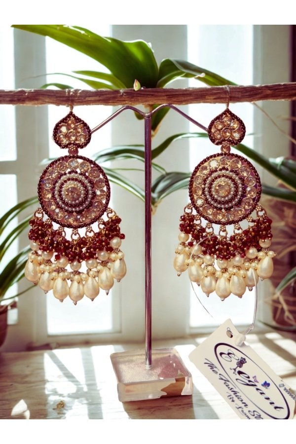 Noor Maroon and Gold Kundan Chandbali Earrings with Pearl Drops | Melegant by LC - Image 2