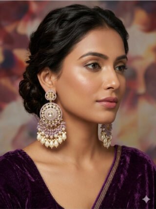 Close-up of a model wearing large pastel lavender and gold traditional jhumka earrings with ivory teardrop pearls from Melegant by LC,