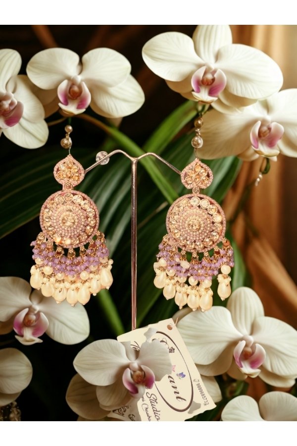 Mira Pastel Lavender Kundan & Layered Pearl Statement Jhumka Earrings - Image 2
