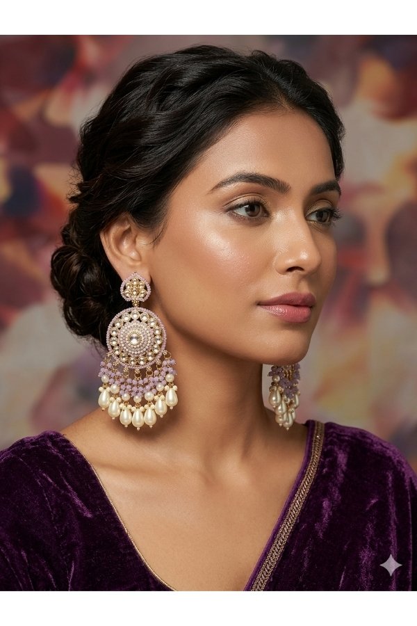 Close-up of a model wearing large pastel lavender and gold traditional jhumka earrings with ivory teardrop pearls from Melegant by LC,
