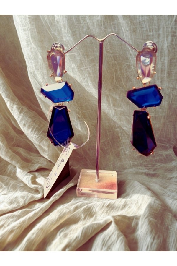 Celine Royal Blue & Turquoise Geometric Crystal Tiered Drop Earrings - Image 2