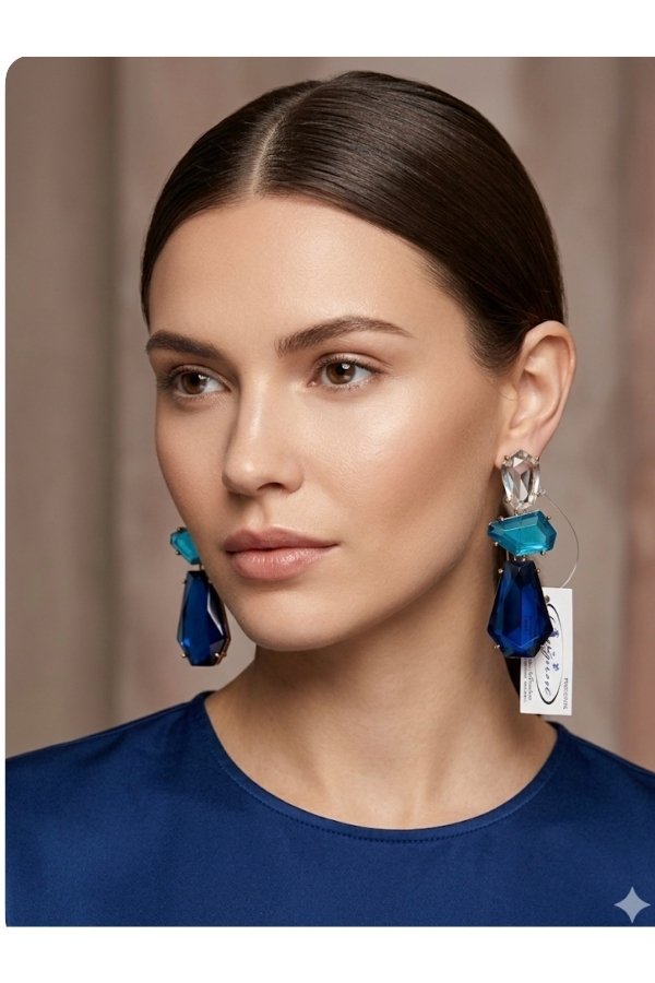Close-up of a woman with a sleek bun wearing royal blue and turquoise tiered geometric crystal drop earrings from Melegant by LC,