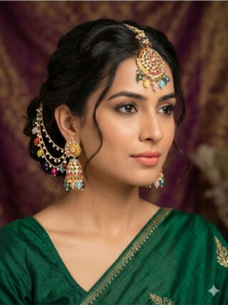 Elegant multicolor Kundan jhumka earrings with matching maang tikka set featuring pearl chains and colorful bead drops, perfect for bridal wear, wedding functions, festive occasions, and traditional Indian styling by melegant.